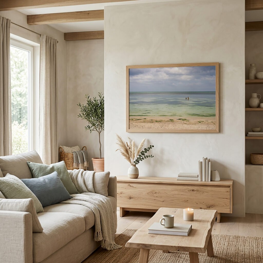 Minimalist living room mockup featuring a large framed seascape photography print of a calm turquoise ocean beach over a wooden console table with earthy, organic modern home decor.